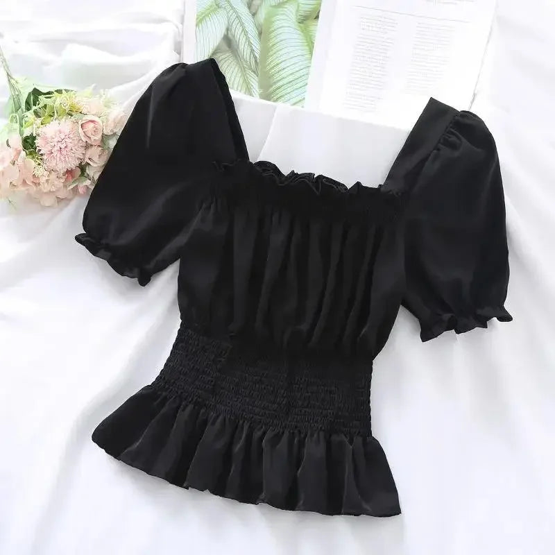 Short chiffon top with puff sleeves