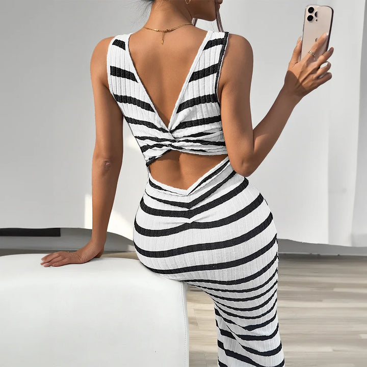 Sleeveless striped maxi dress with flared hem