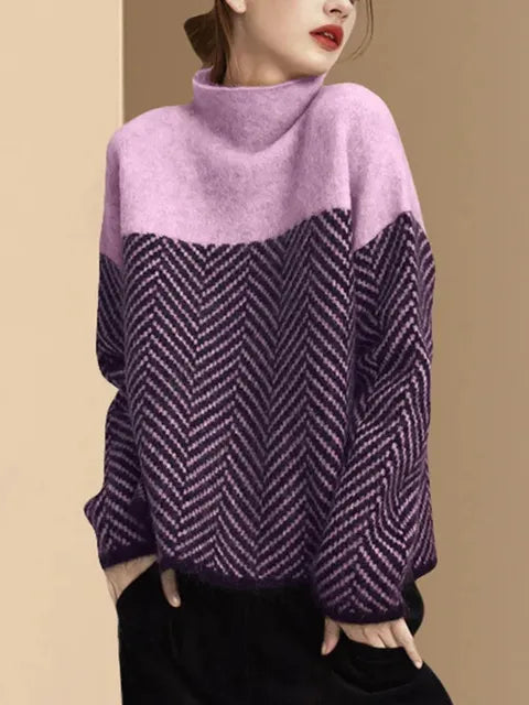 Women's - High Collar Loose Soft Jumper - Breathable Fabric - Knitwear for Stylish Comfort