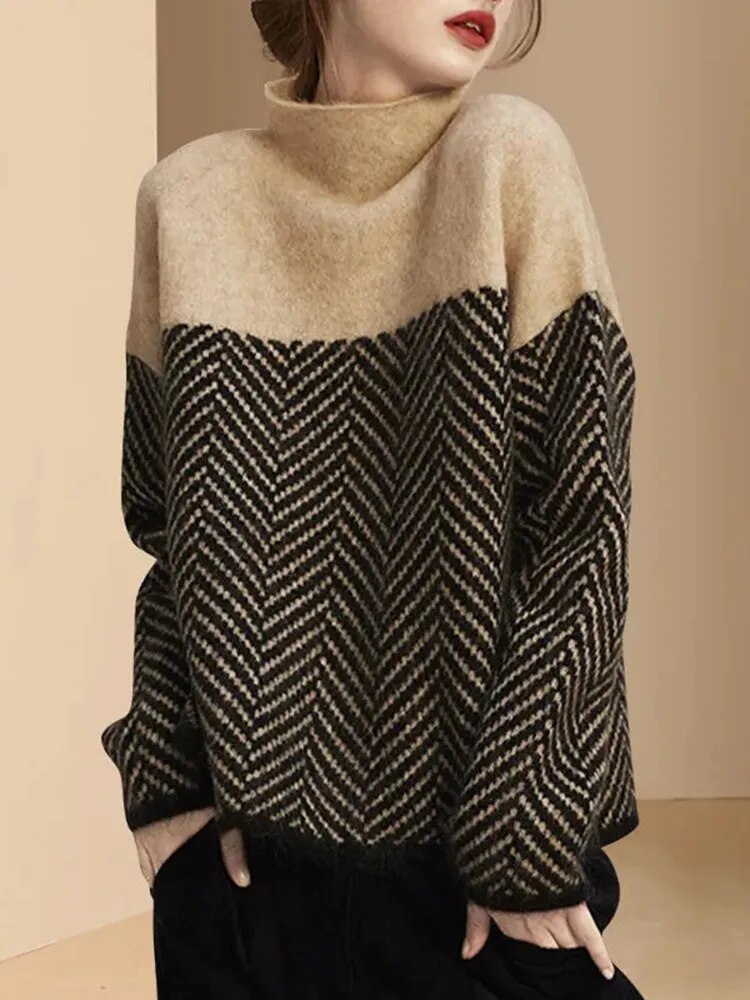 Women's - High Collar Loose Soft Jumper - Breathable Fabric - Knitwear for Stylish Comfort