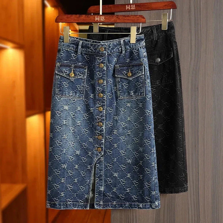 Long denim skirt with pocket