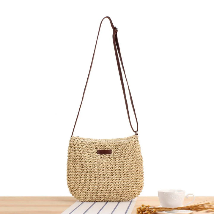 Women's casual straw knitted shoulder bag with inner zip pocket