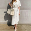 Women's casual cotton and linen polo neck single-breasted long dress