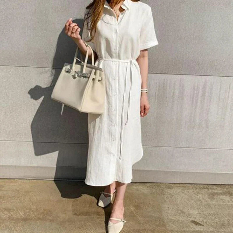 Women's casual cotton and linen polo neck single-breasted long dress