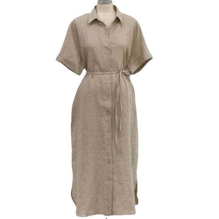 Women's casual cotton and linen polo neck single-breasted long dress