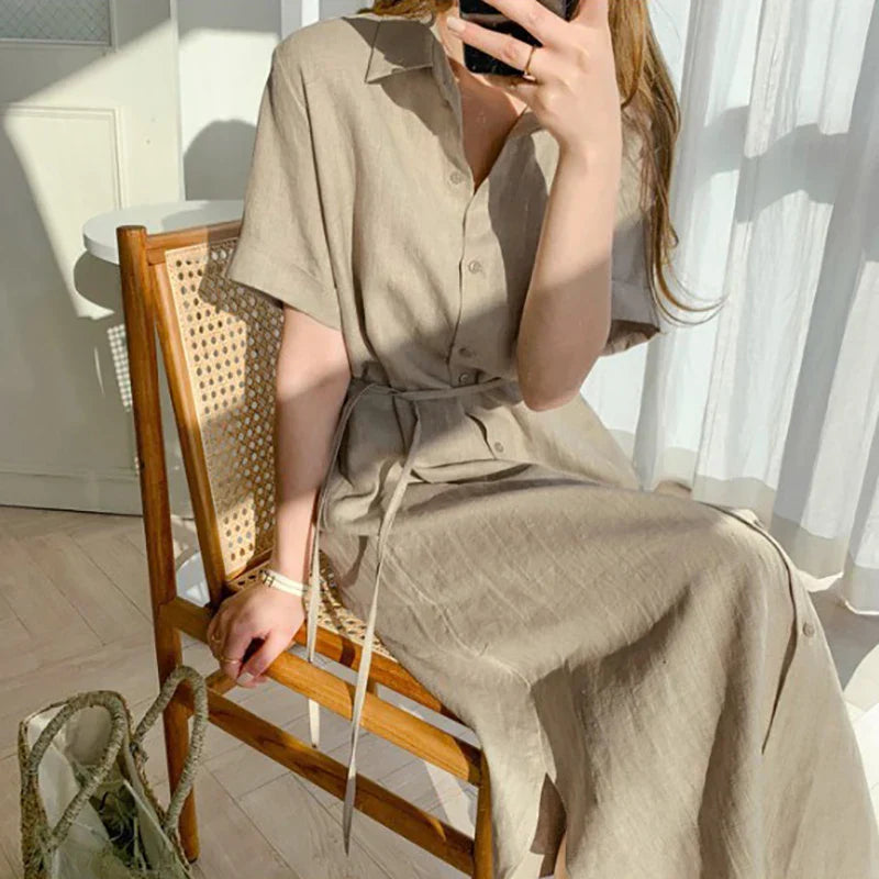 Women's casual cotton and linen polo neck single-breasted long dress