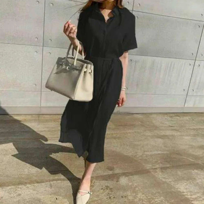 Women's casual cotton and linen polo neck single-breasted long dress