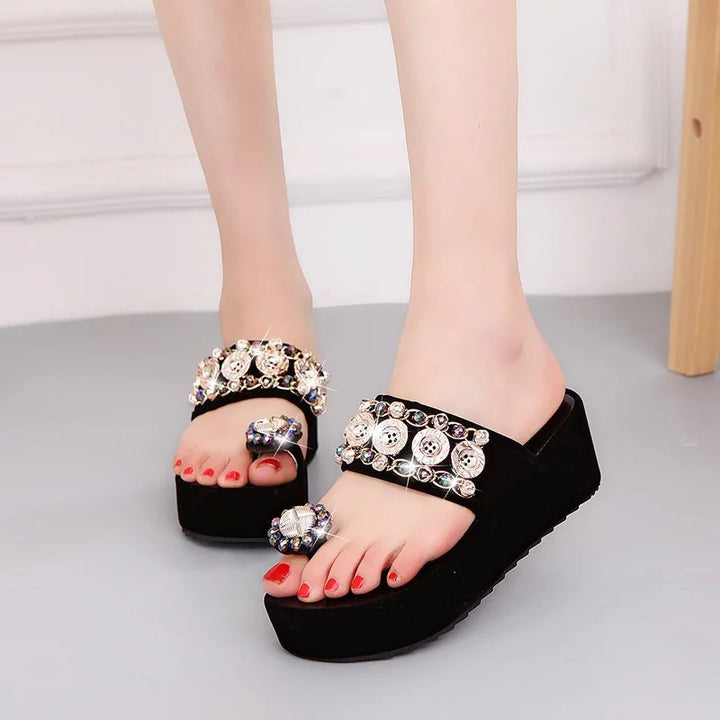 Women's - Crystal Button Wedges Platform Sandals - Stylish and Comfortable Footwear - Perfect for Summer Outings