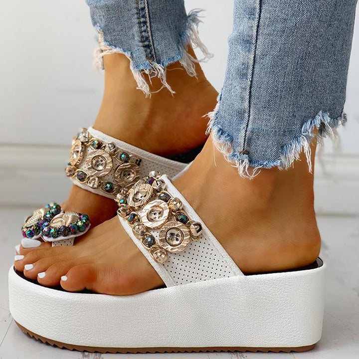 Women's - Crystal Button Wedges Platform Sandals - Stylish and Comfortable Footwear - Perfect for Summer Outings