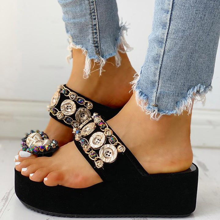 Women's - Crystal Button Wedges Platform Sandals - Stylish and Comfortable Footwear - Perfect for Summer Outings