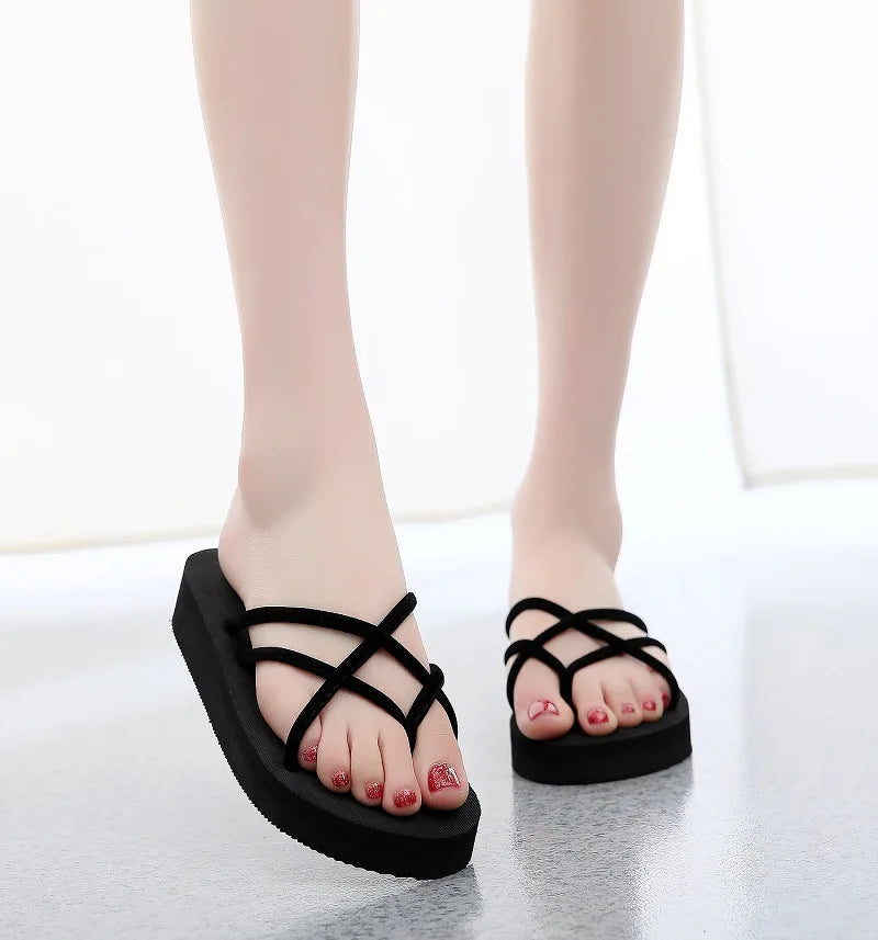 Summer fashion platform wedge sandals for women - outdoor leisure flip-flops with high heel, fabric upper, EVA sole