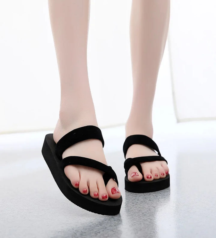 Summer fashion platform wedge sandals for women - outdoor leisure flip-flops with high heel, fabric upper, EVA sole