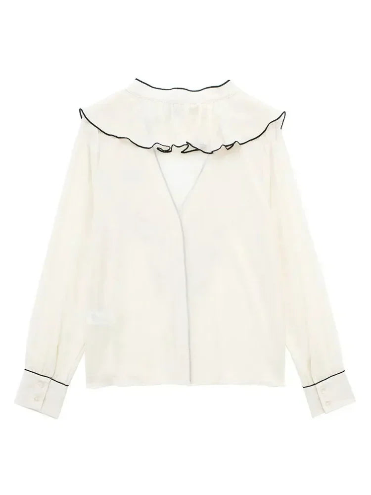 Women's sheer chiffon blouse: ruffled crossover V-neck with long sleeves and lightweight fabric