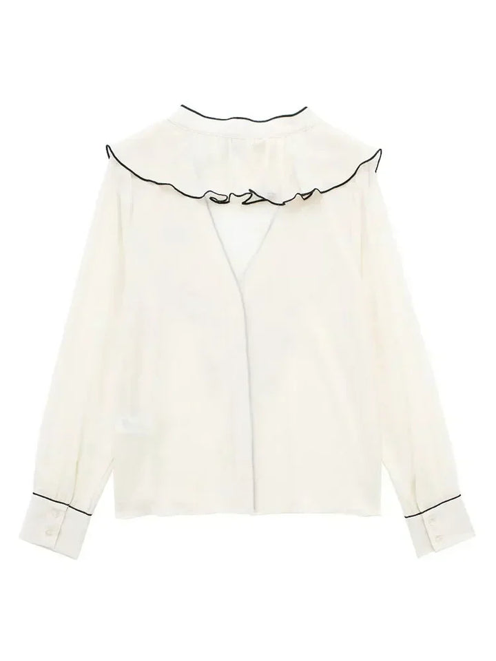 Women's sheer chiffon blouse: ruffled crossover V-neck with long sleeves and lightweight fabric