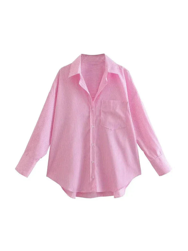 Striped, loose-fitting women's shirt: long-sleeved button blouse with pocket