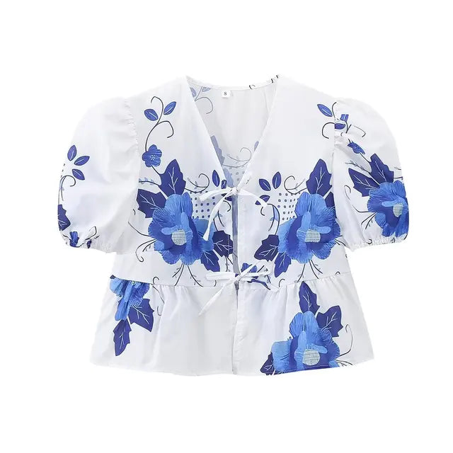 Ladies short sleeve blouse with floral print