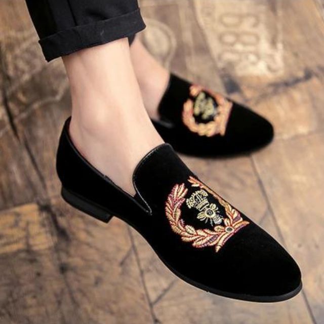 Velvet Loafers With Embroidered Emblem