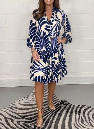 Printed mid-length dress with flared sleeves