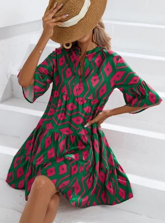 Printed mid-length dress with flared sleeves