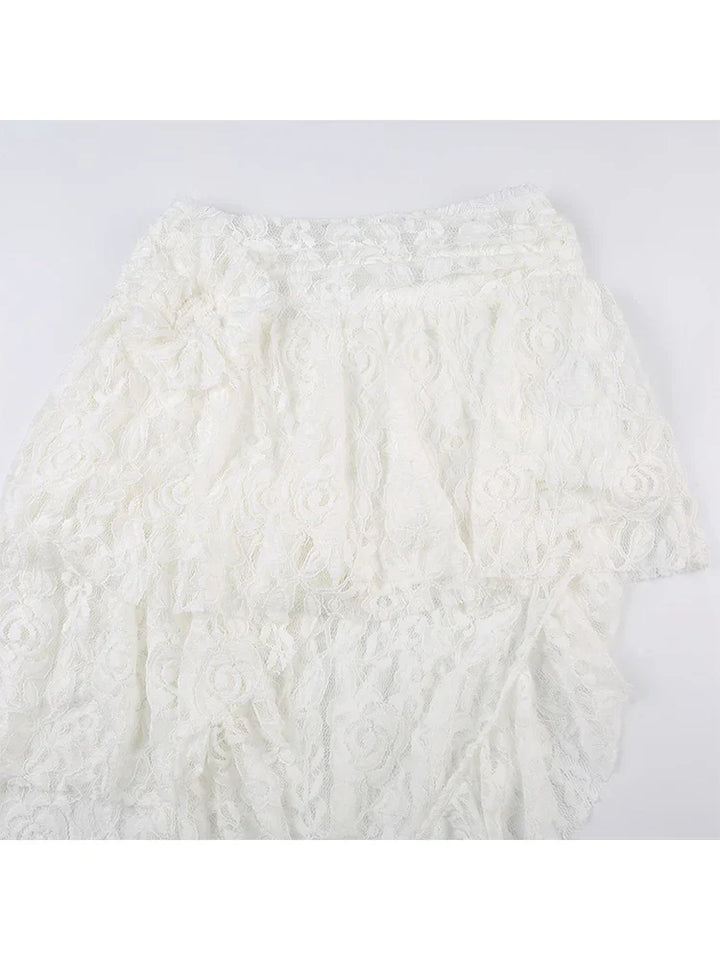 Asymmetric lace mini skirt with mid-rise waist