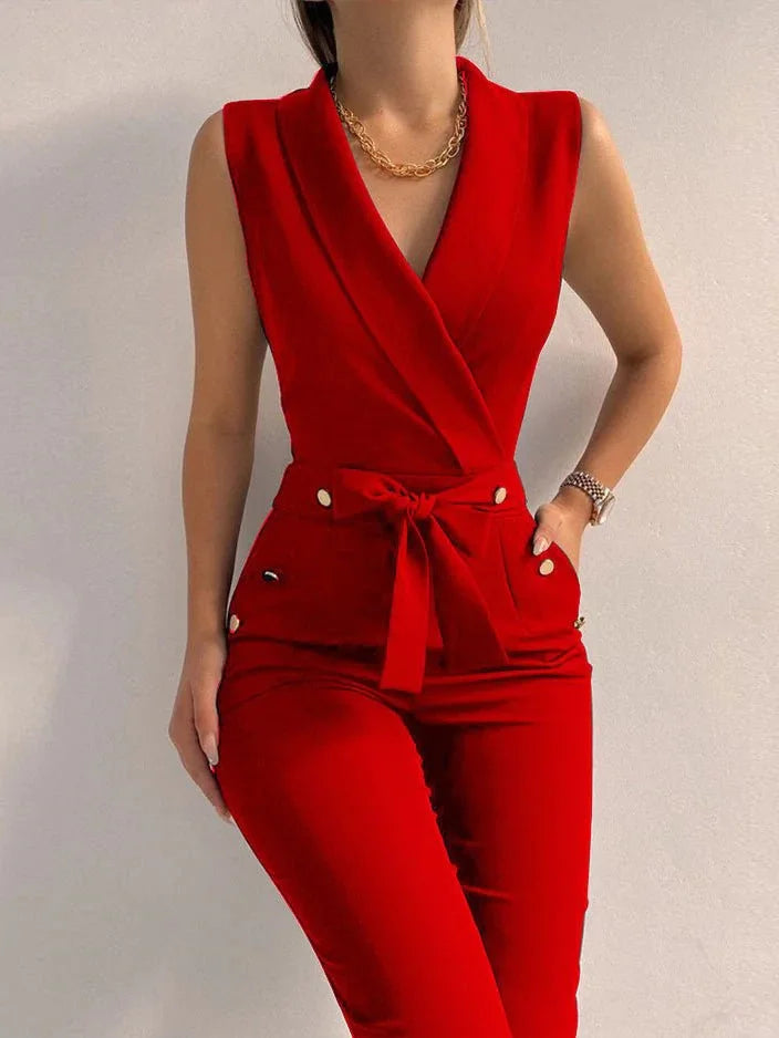 Sleeveless Plain Jumpsuit With V-Neck and Lacing