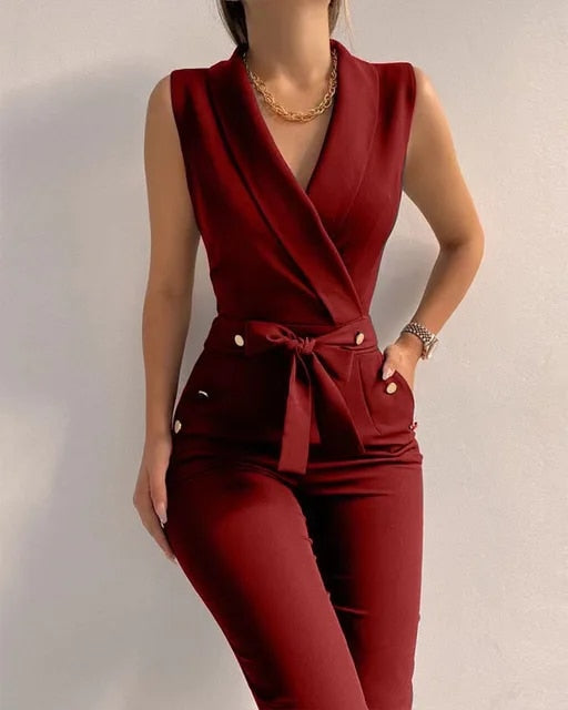 Sleeveless jumpsuit in solid colour with V-neck and lacing