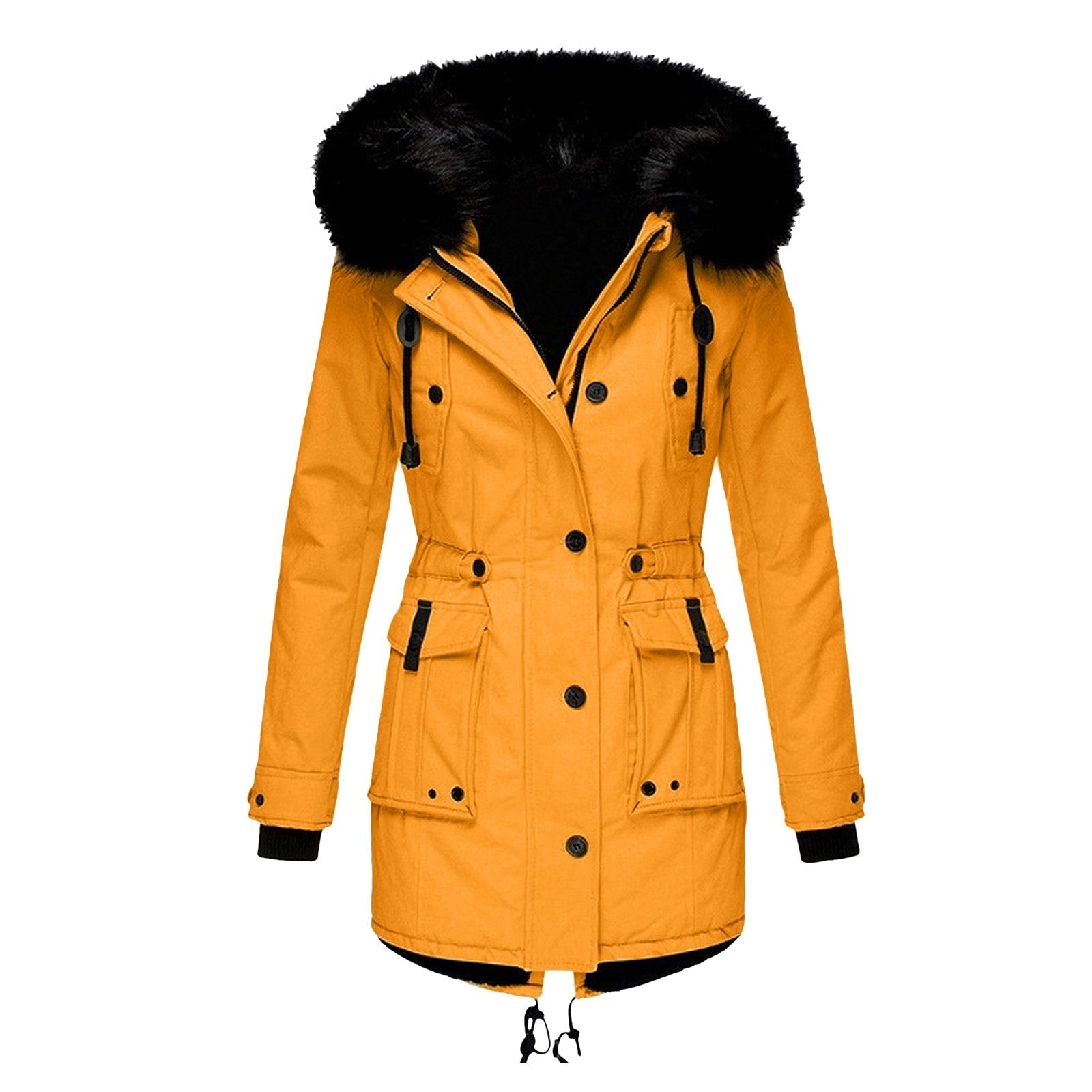 Women’s - Tailored Mid-Length Coat - Faux Fur Hood