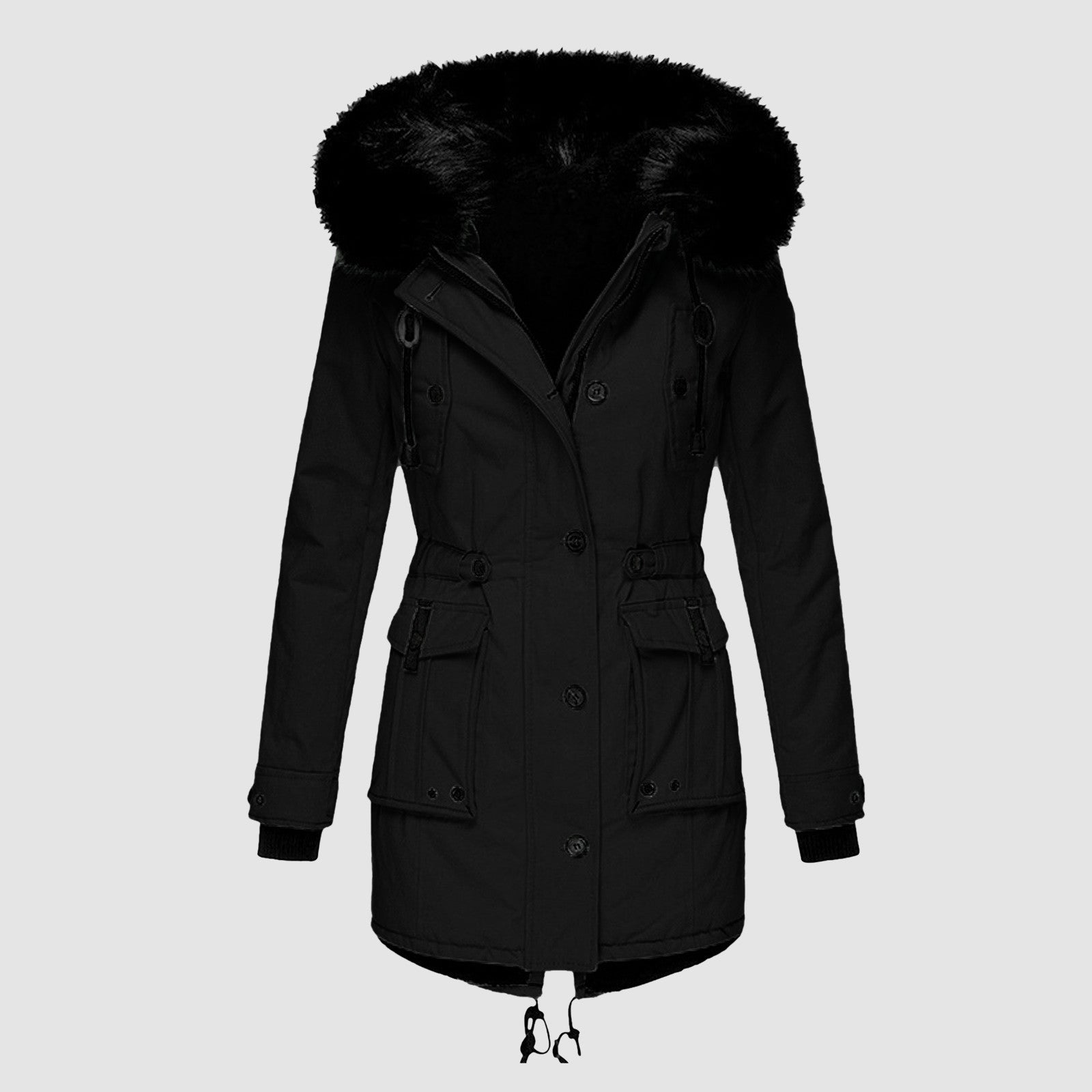 Women’s - Tailored Mid-Length Coat - Faux Fur Hood