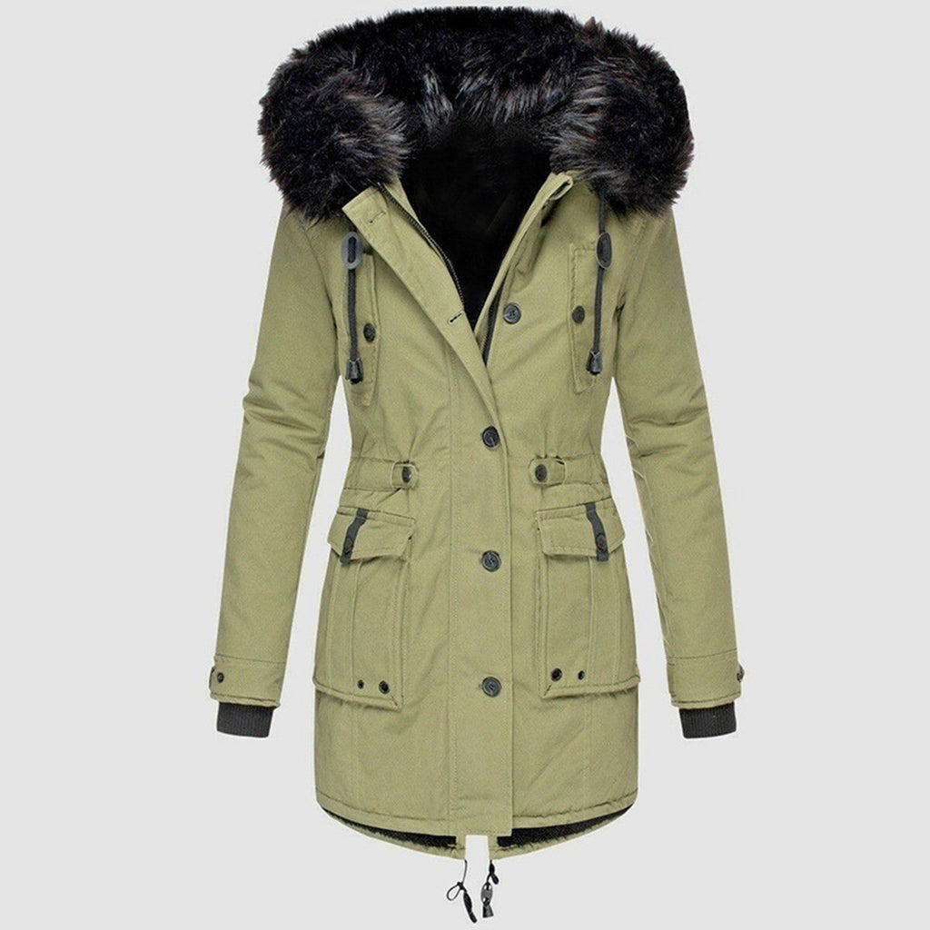 Women’s - Tailored Mid-Length Coat - Faux Fur Hood