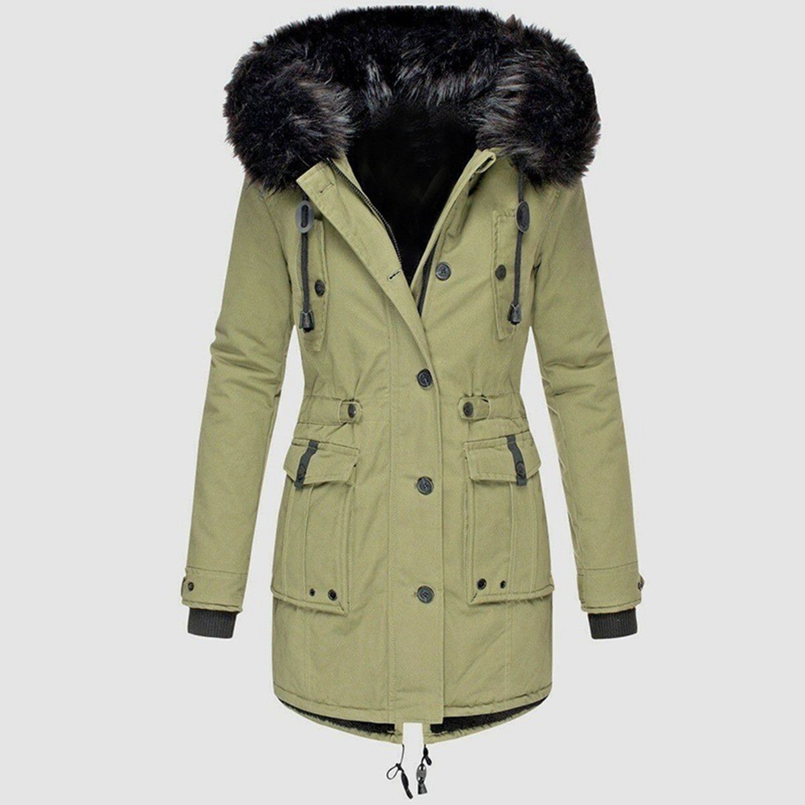 Women’s - Tailored Mid-Length Coat - Faux Fur Hood