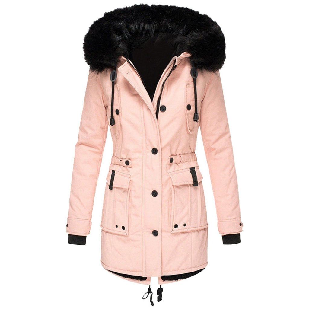 Women’s - Tailored Mid-Length Coat - Faux Fur Hood