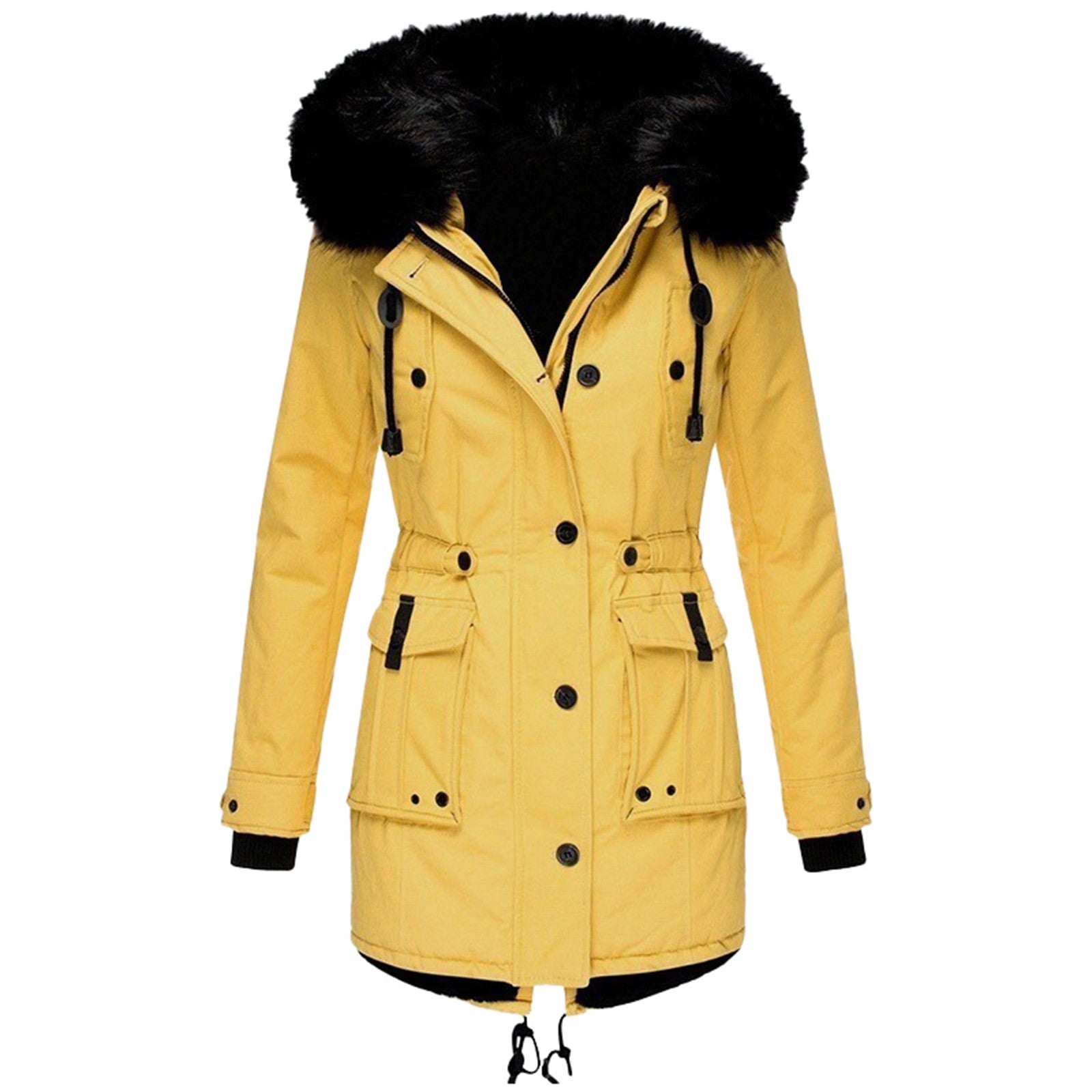 Women’s - Tailored Mid-Length Coat - Faux Fur Hood