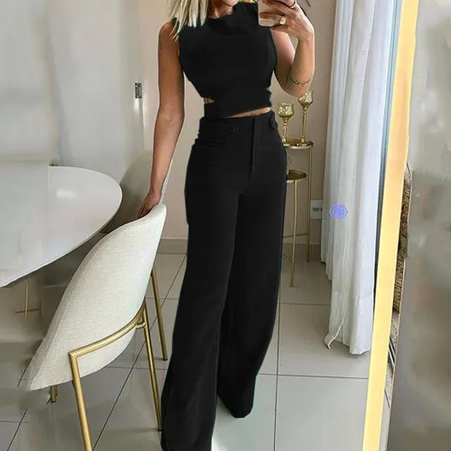 Chic Cropped Top High Waist Long Trousers Suits