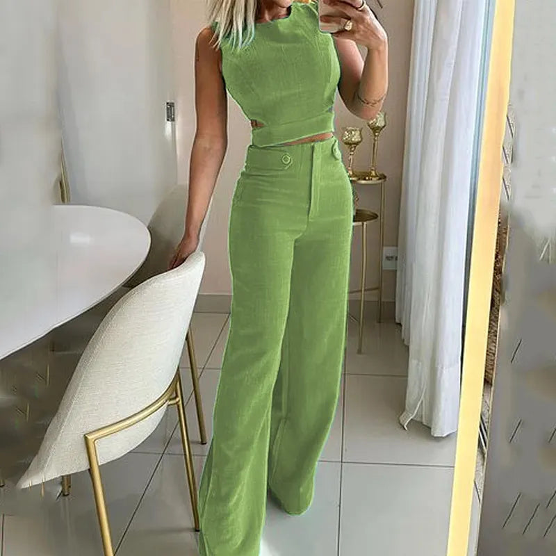 Chic Cropped Top High Waist Long Trousers Suits