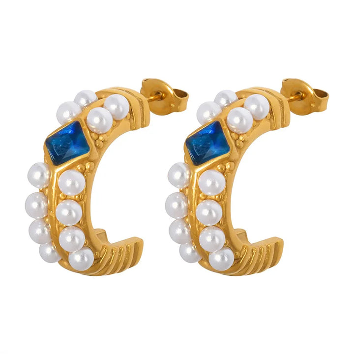 Sapphire and pearl horseshoe hoop earrings