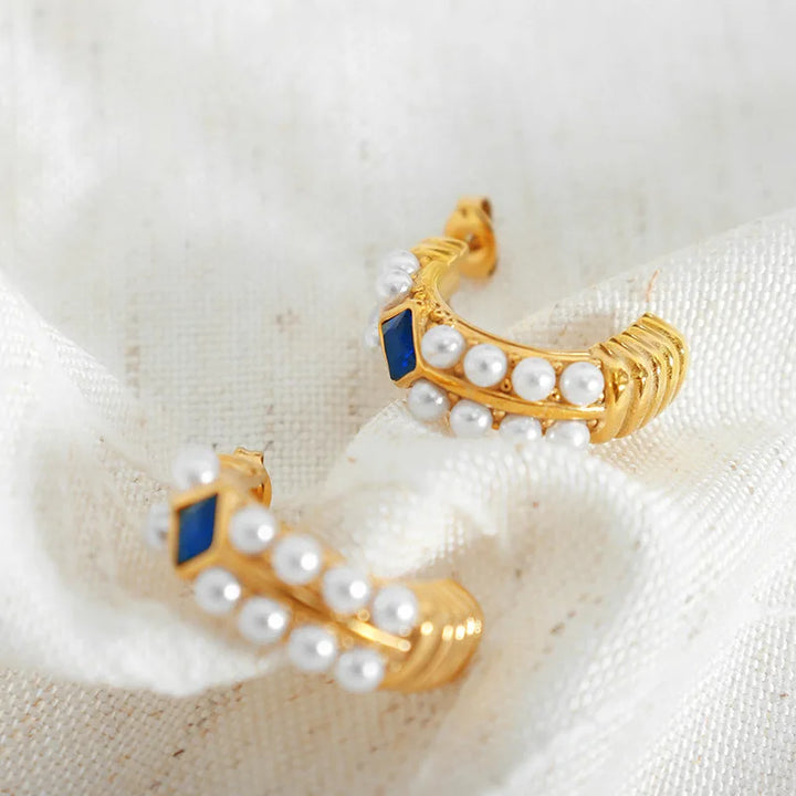 Sapphire and pearl horseshoe hoop earrings