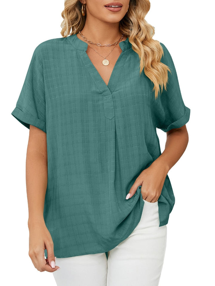 Short-sleeved chiffon shirt with V-neckline