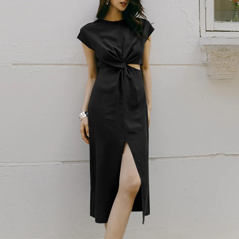 Women's Short Sleeve Front Twist Midi Dress with Slit