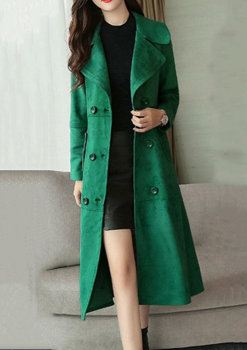 Ladies Double Breasted Pockets Patchwork Long Coat