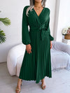 Ladies V-neck pleated maxi dress long sleeve