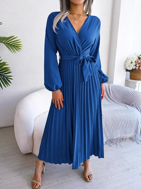 Ladies V-neck pleated maxi dress long sleeve