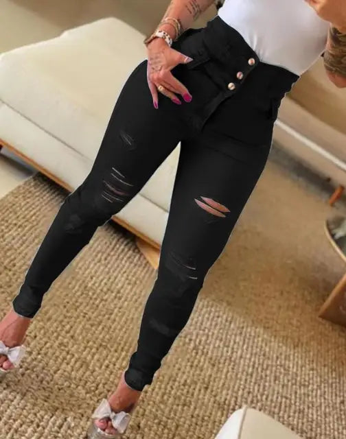 Fashionable skinny jeans with a high waist, stretch and destroyed effects