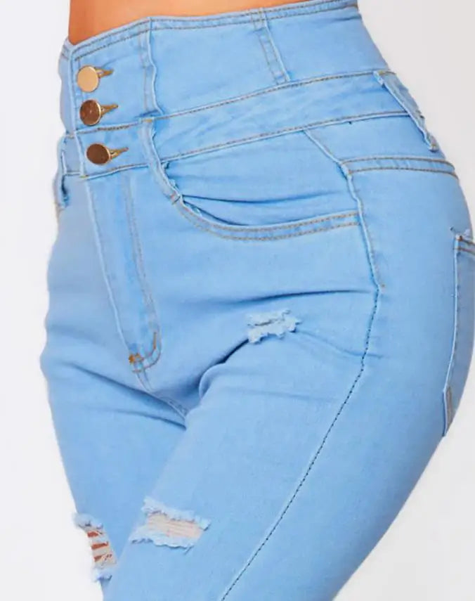 Ladies stretch ripped high waist skinny denim trousers