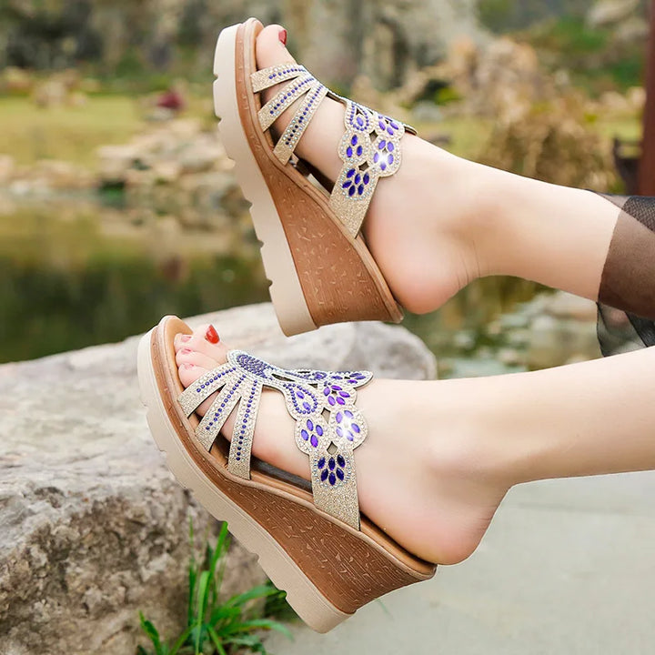 Sandals with wedge heel and rhinestones