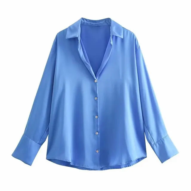 Ladies' satin button down blouse: long sleeves, V-neck