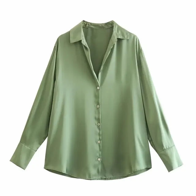 Ladies' satin button down blouse: long sleeves, V-neck