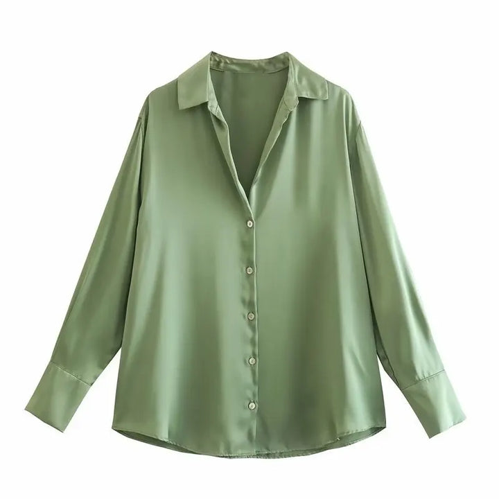 Ladies' satin button down blouse: long sleeve, V-neck