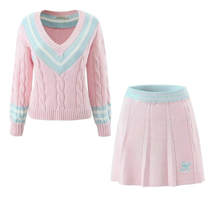 Cable knit tennis jumper and pleated skirt set