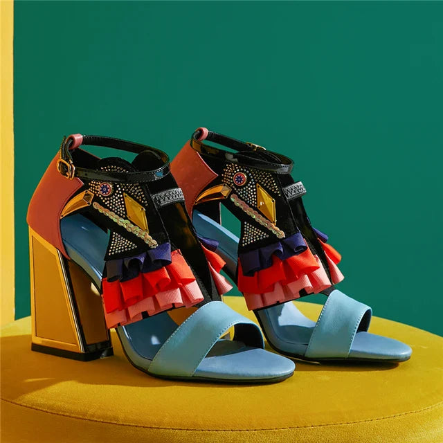 Colourful high-heel sandals with embellishments