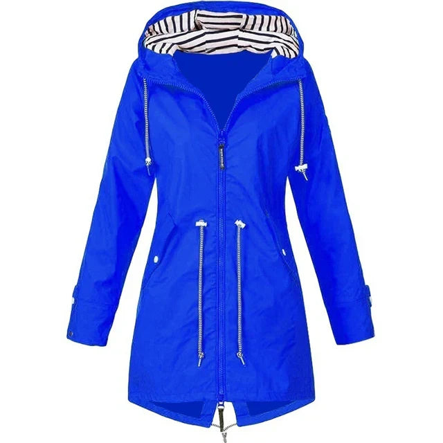 Women's waterproof hoodie trench coat with drawstring waist, zip and outer pockets